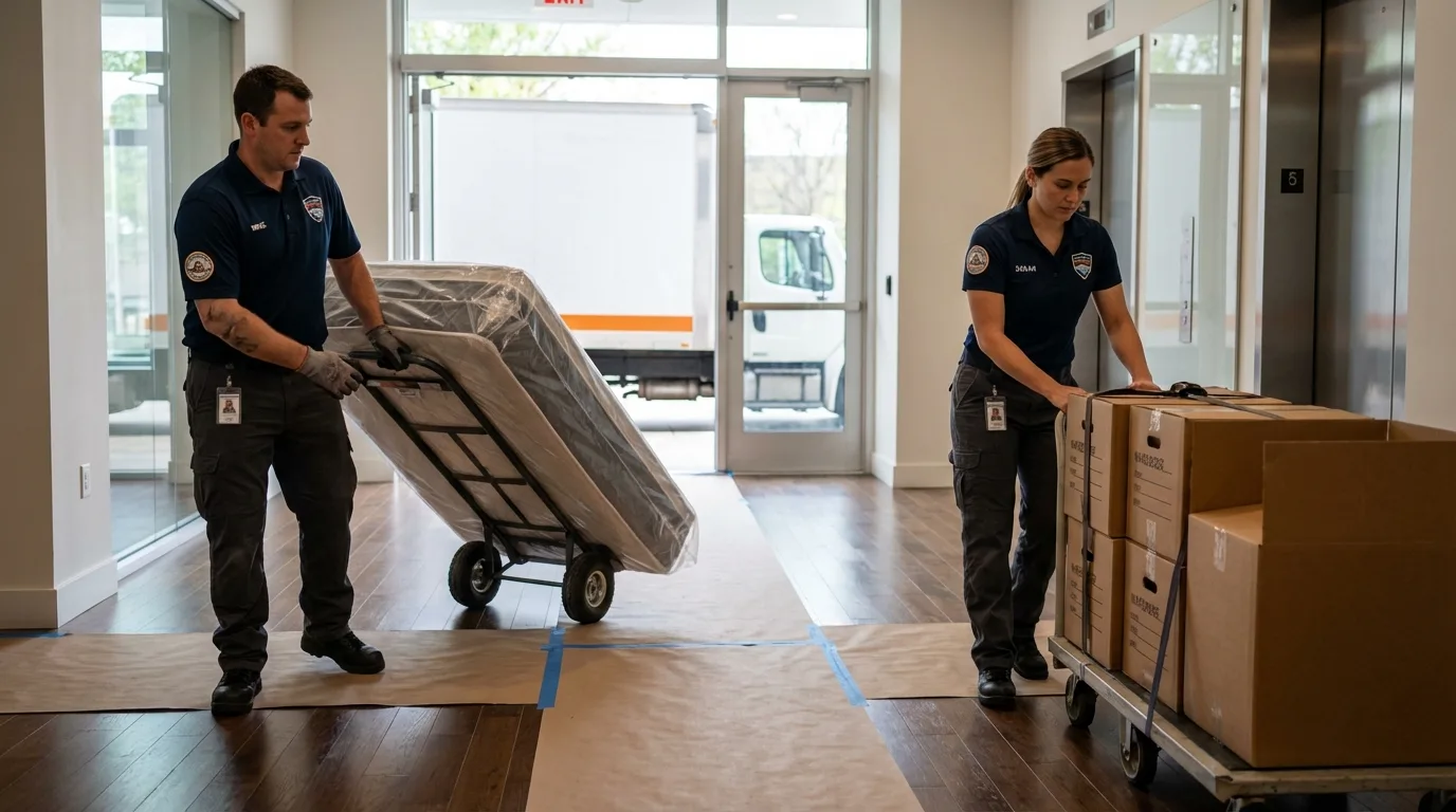 Professional apartment movers loading elevator in Smithville, TN